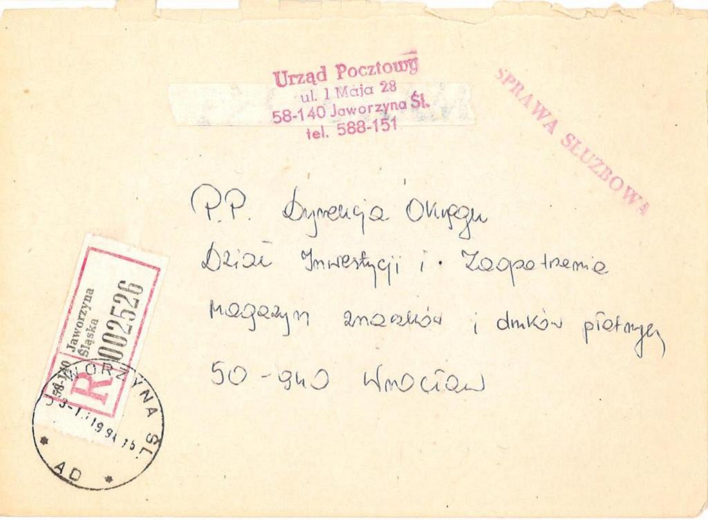 31. Obwoluta listu – Urząd Pocztowy w Jaworzynie Śląskiej, 1994