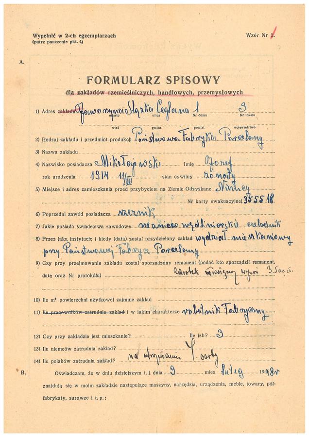 45. Dokument – Formularz spisowy lokalu mieszkalnego ul. Ceglana w Jaworzynie Śląskiej, 1948 r.