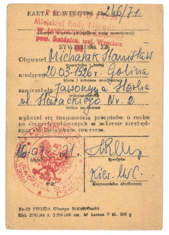 58. Dokument – Karta rowerowa, 1971 r.