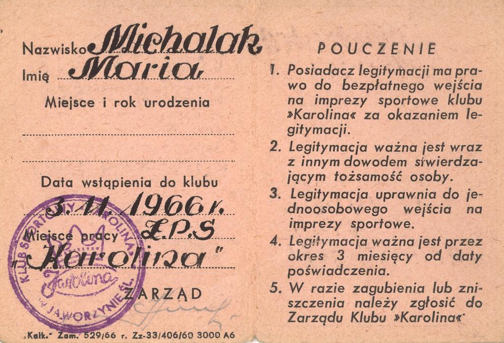59. Dokument – legitymacja członkowska Klubu Sportowego Karolina, 1966 r.