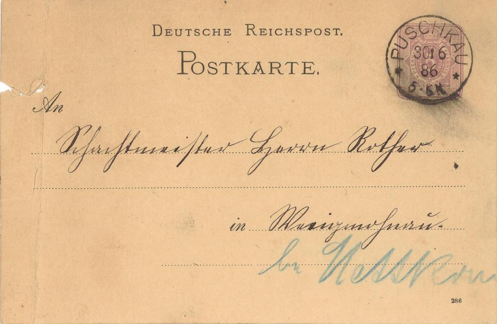147. Pocztówka – Kartka pocztowa z Pastuchowa (Puschkau), 1886 r.