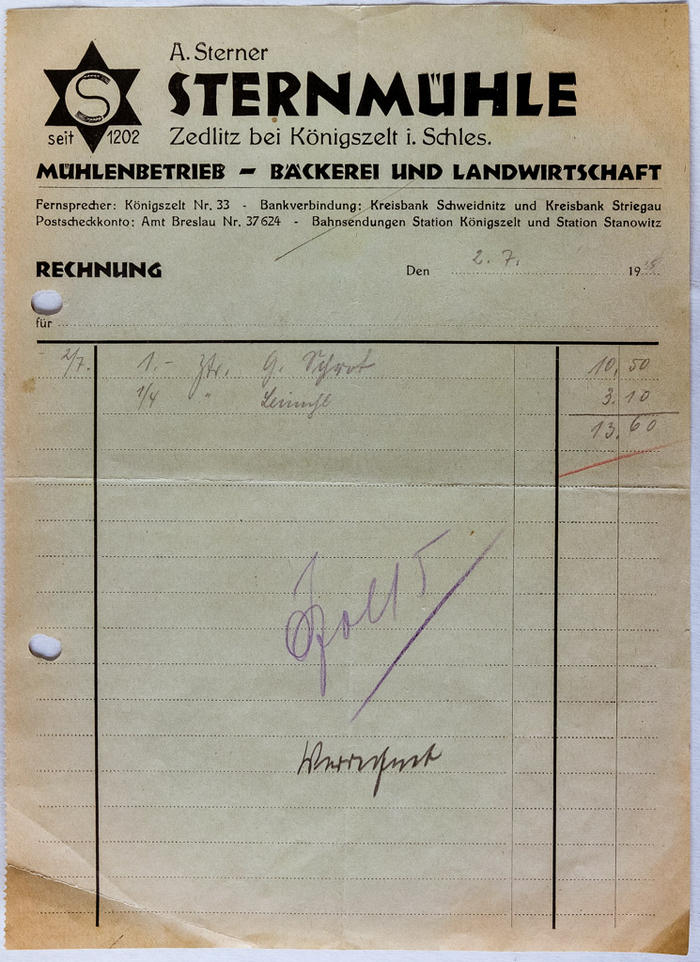 153. Dokument – Rachunek z młyna Sternmühle w Zedlitz (Pasieczna)