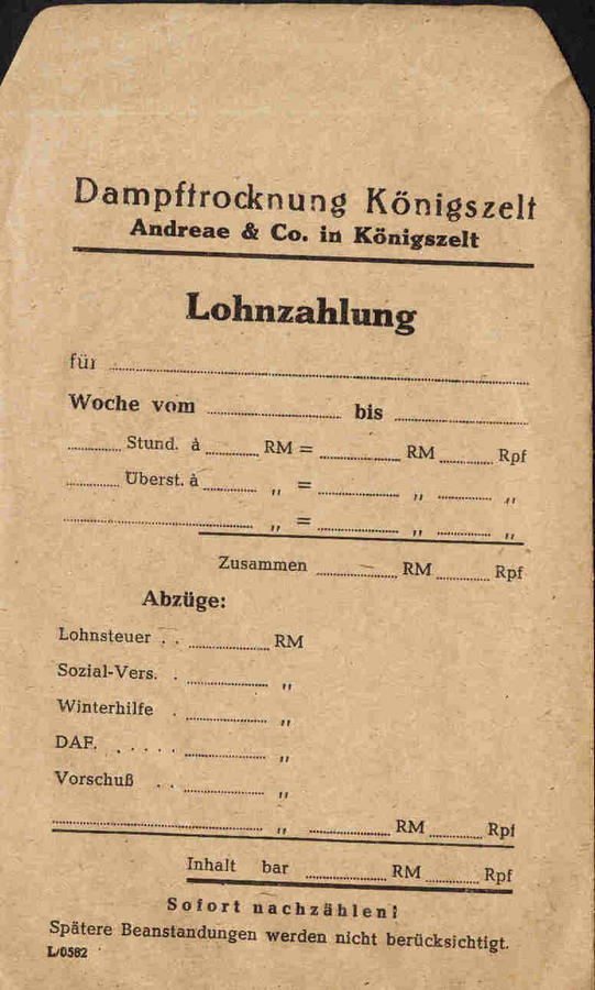 128. Dokument – Koperta, pokwitowanie wypłaty, magiel w Königszelt