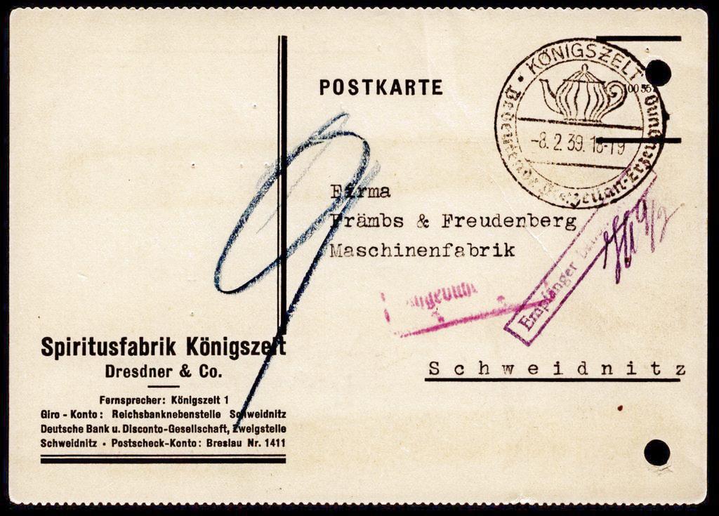 216. Pocztówka – Firmowa kartka pocztowa Spiritusfabrik Königszelt, 1939
