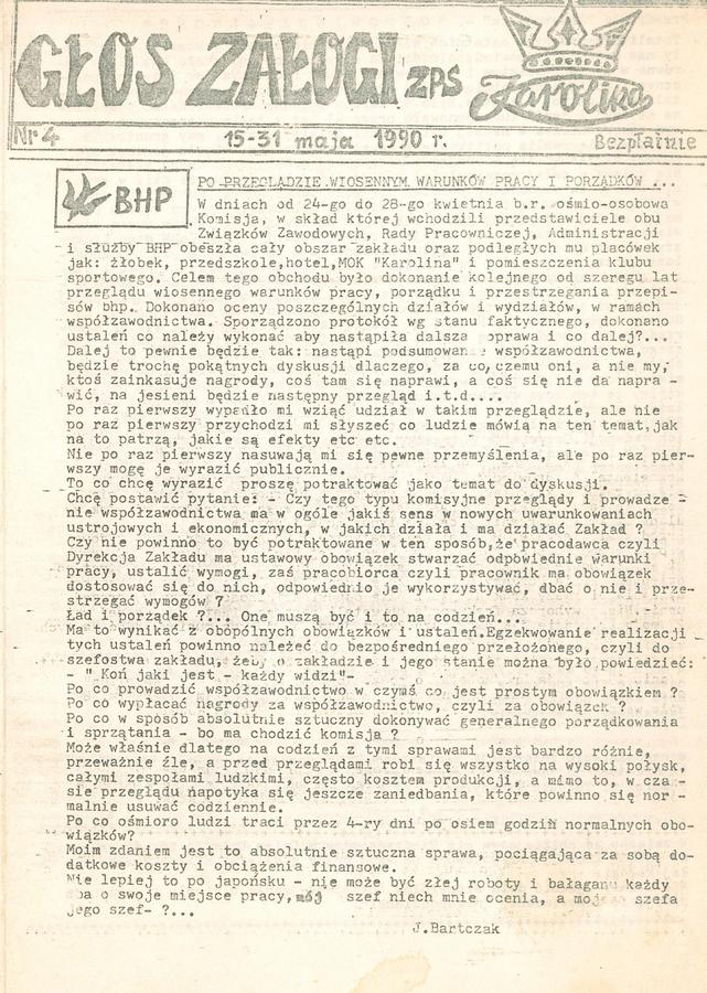 225. Gazeta – Głos załogi ZPS „Karolina”, Nr 4/1990