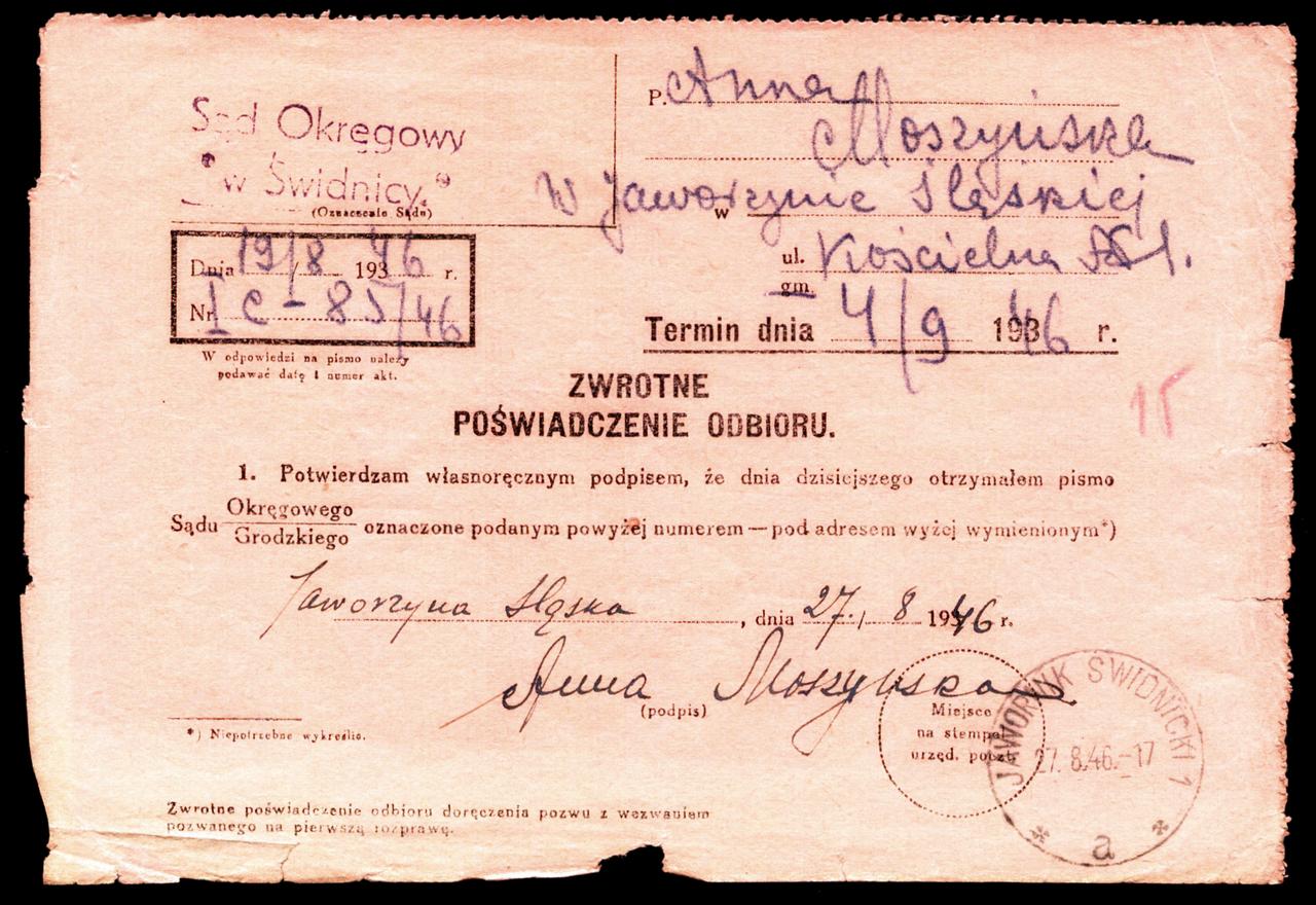 254. Dokument – Sądowe poświadczenie odbioru Jawornik Świdnicki, 1946