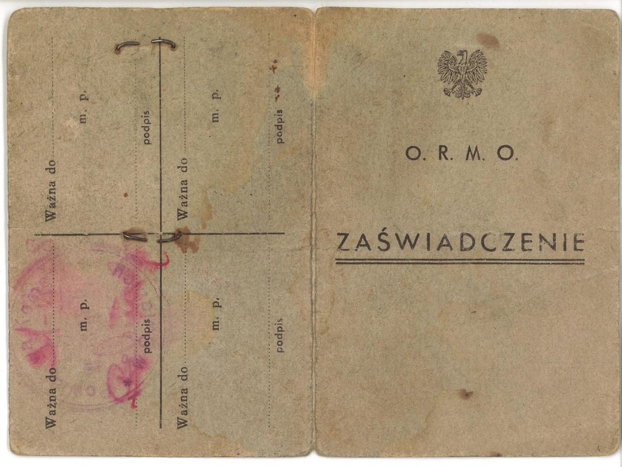 261. Dokument – Zaświadczenie ORMO numer 154 F, Jaworzyna Śląska, 1947