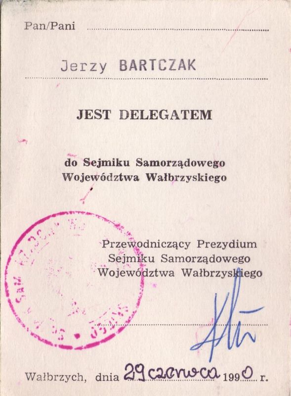 251. Dokument – Zaświadczenie delegata Sejmiku Samorządowego Województwa Wałbrzyskiego