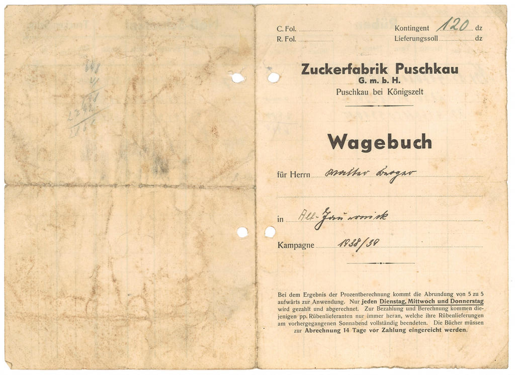 268. Dokument – Dziennik dostaw do cukrowni Pastuchów, 1939