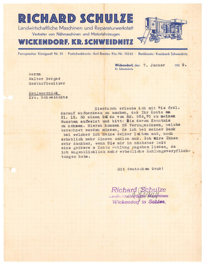 276. Dokument – Wezwanie do zapłaty, Richard Schulze z Wickendorf, 1939 r.