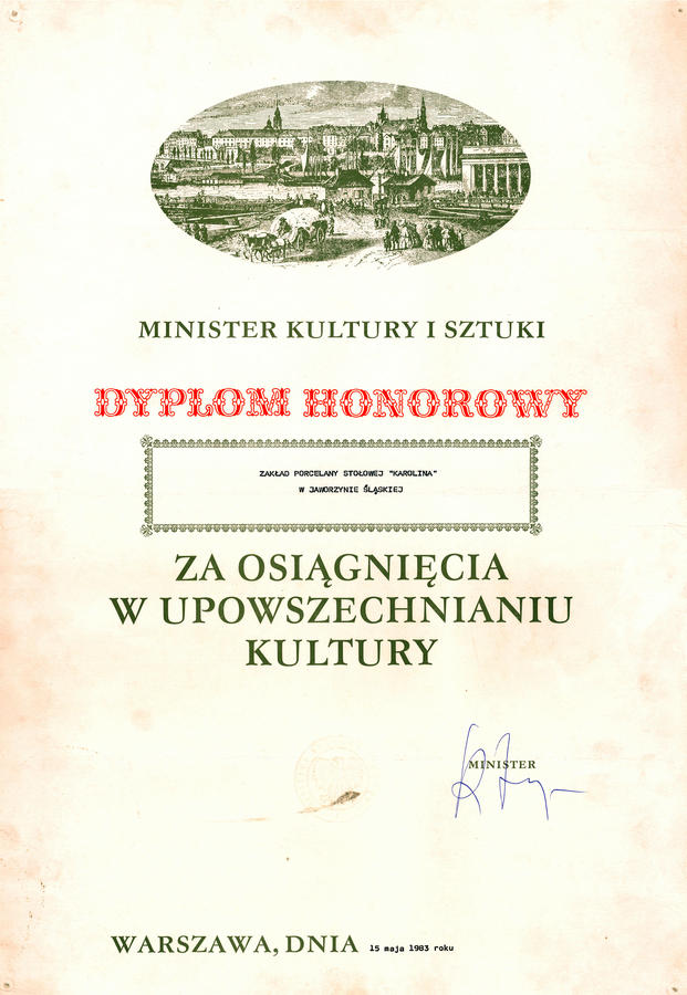 303. Dyplom – Honorowy dyplom dla ZPS Karolina od Ministra Kultury i Sztuki, 1983 r.