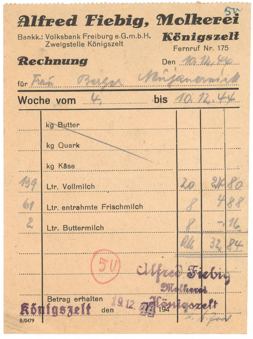 304. Dokument – Rachunek z mleczarni parowej w Königszelt, 1944