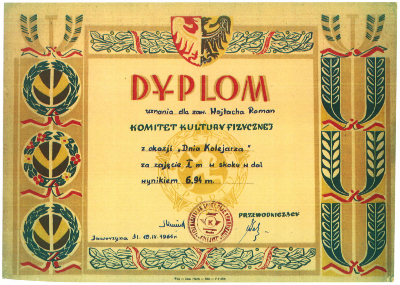315. Dyplom – Dyplom za zajęcie I miejsca w skoku w dal, 1961