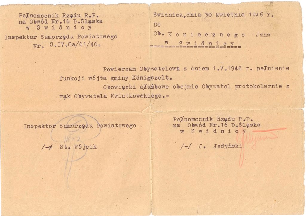 415. Dokument – Powierzenie obowiązków wójta gminy Königszelt Janowi Koniecznemu